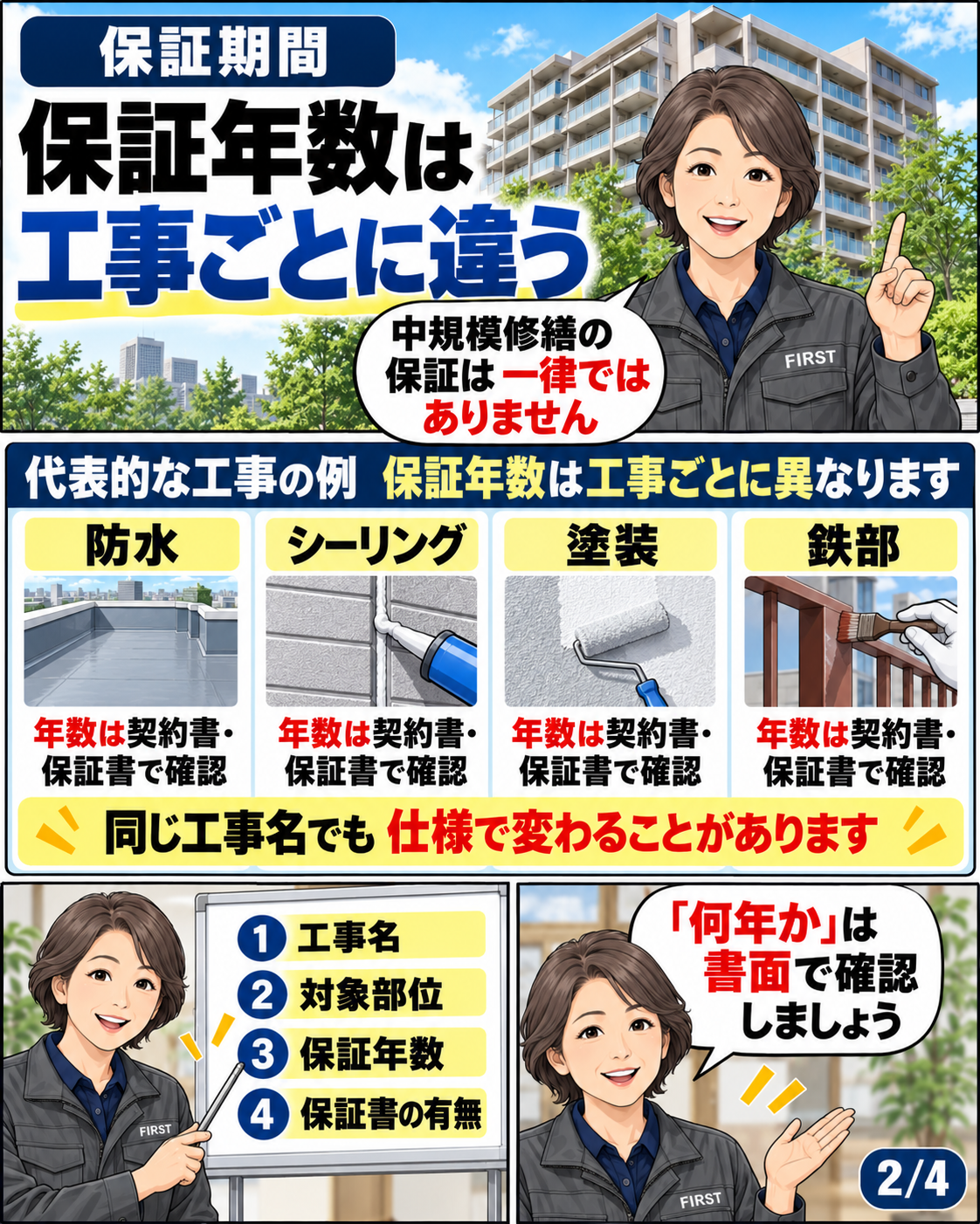 中規模修繕の防水・シーリング・外壁塗装・鉄部塗装の保証条件の違い