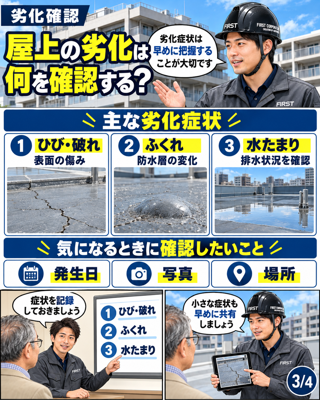 屋上防水のひび割れ・膨れ・水たまりなど劣化症状の確認ポイント