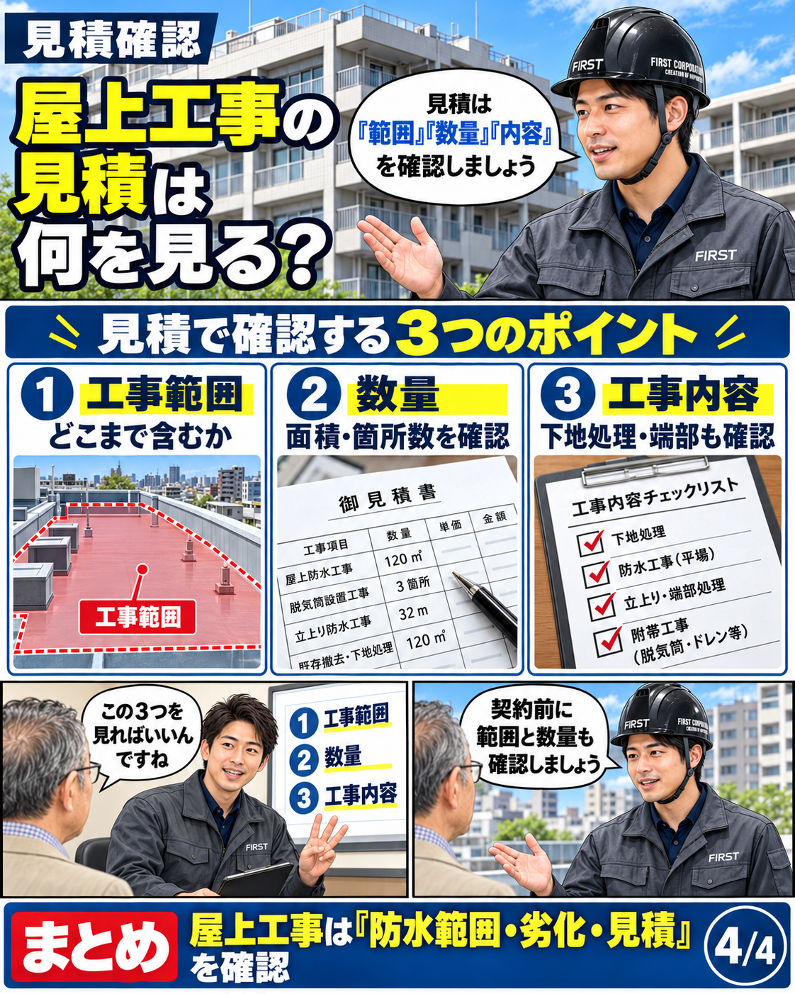 中規模修繕の屋上工事見積で施工範囲・数量・工事内容を確認する方法