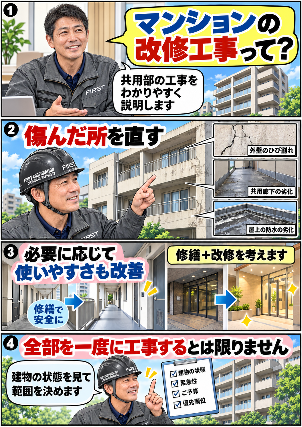 マンション改修工事の基本。傷んだ共用部分の修繕と機能改善を分け、必要な工事範囲を判断するポイント