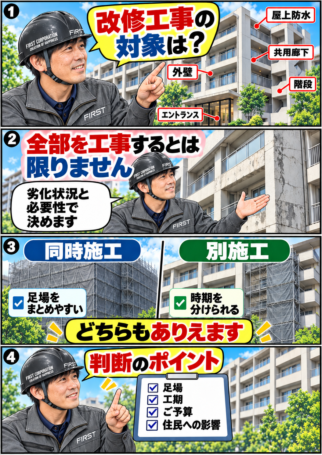 マンション改修工事の対象となる外壁・屋上防水・共用廊下・階段・エントランスと同時施工・別施工の判断
