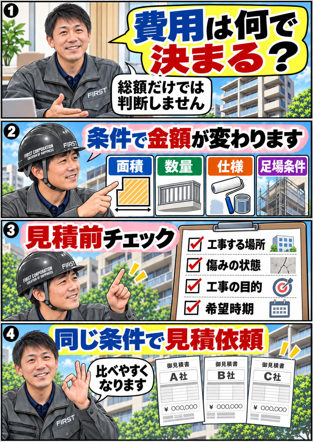 マンション改修工事の費用は面積・数量・仕様・足場条件で変わることと、見積依頼前の確認事項