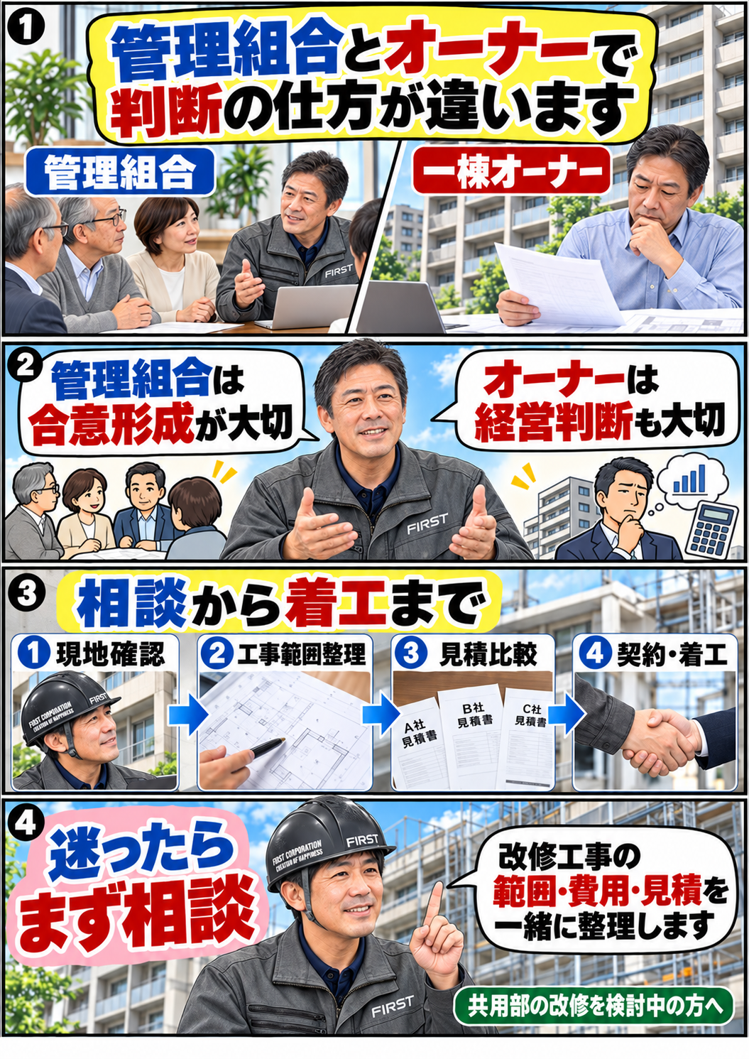 マンション改修工事で管理組合と一棟オーナーの判断が異なる点、相談から見積比較・契約・着工までの流れ