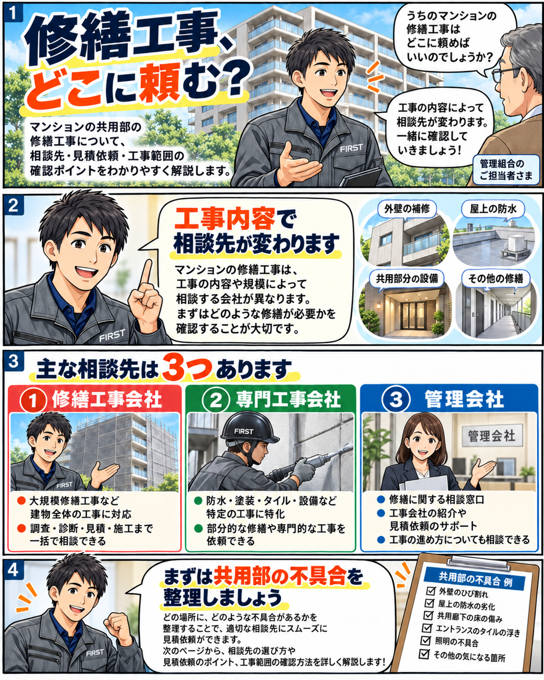 マンション修繕工事の相談先は修繕工事会社・専門工事会社・管理会社の3つ。まず共用部分の不具合を整理する