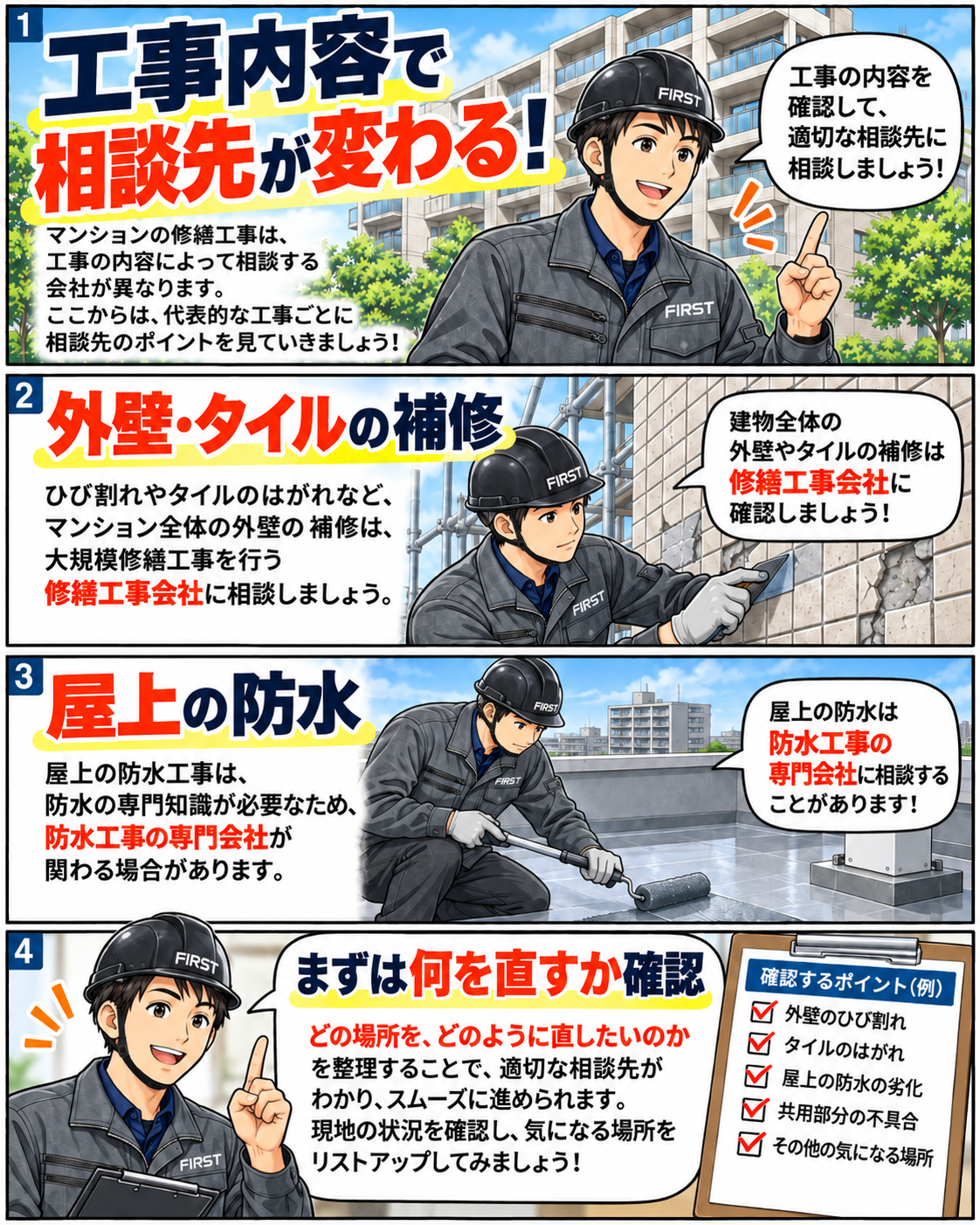 外壁タイルの補修・屋上防水など工事内容によって相談先が異なることを説明する漫画