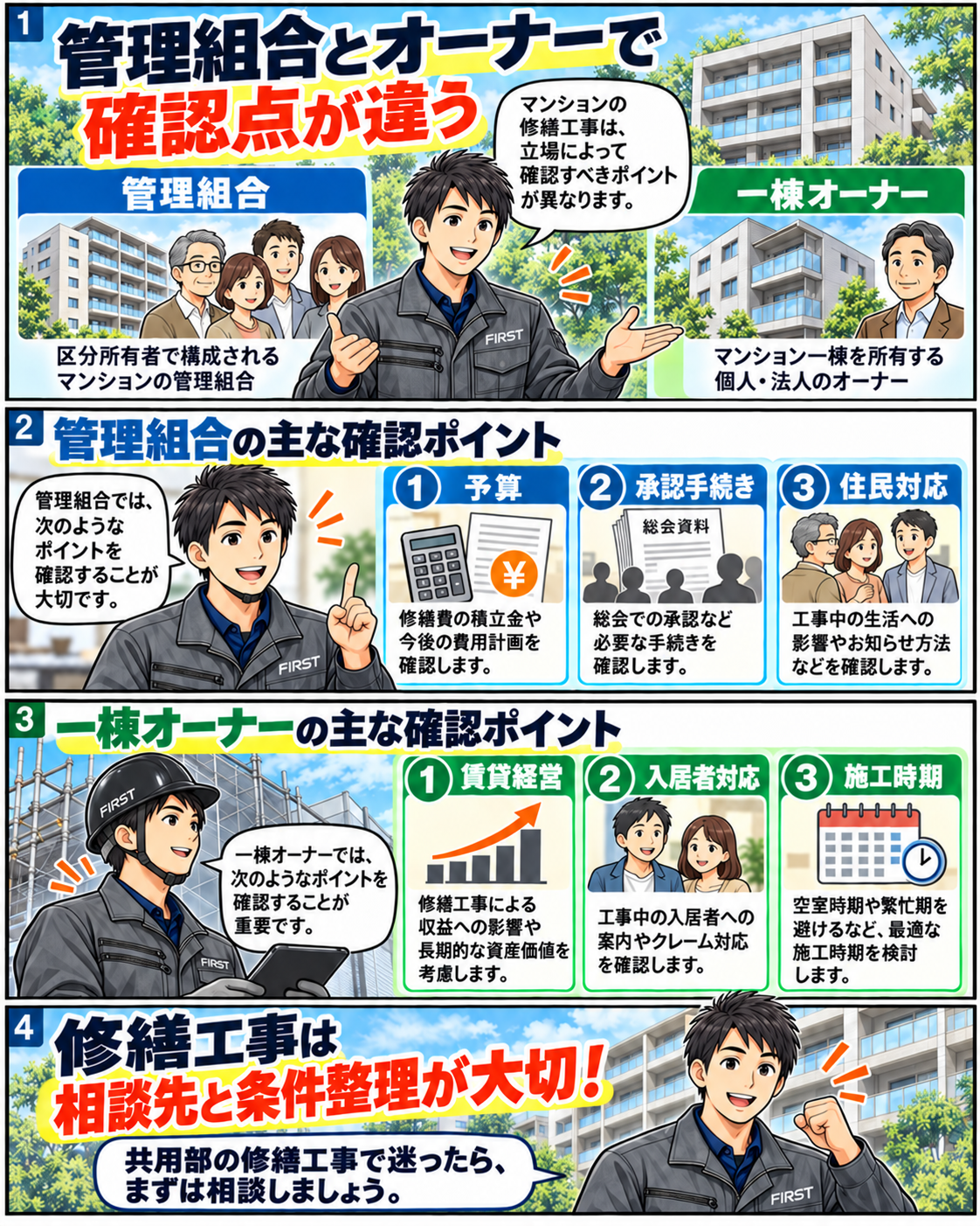 マンション修繕工事を依頼する管理組合の予算・承認・住民対応と一棟オーナーの賃貸経営・入居者対応・施工時期の違い