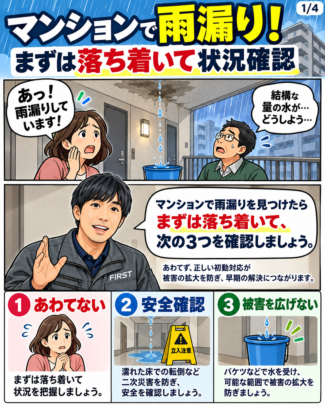 マンションの雨漏り発生時は安全を確認し、安全な範囲で被害拡大を防ぐ