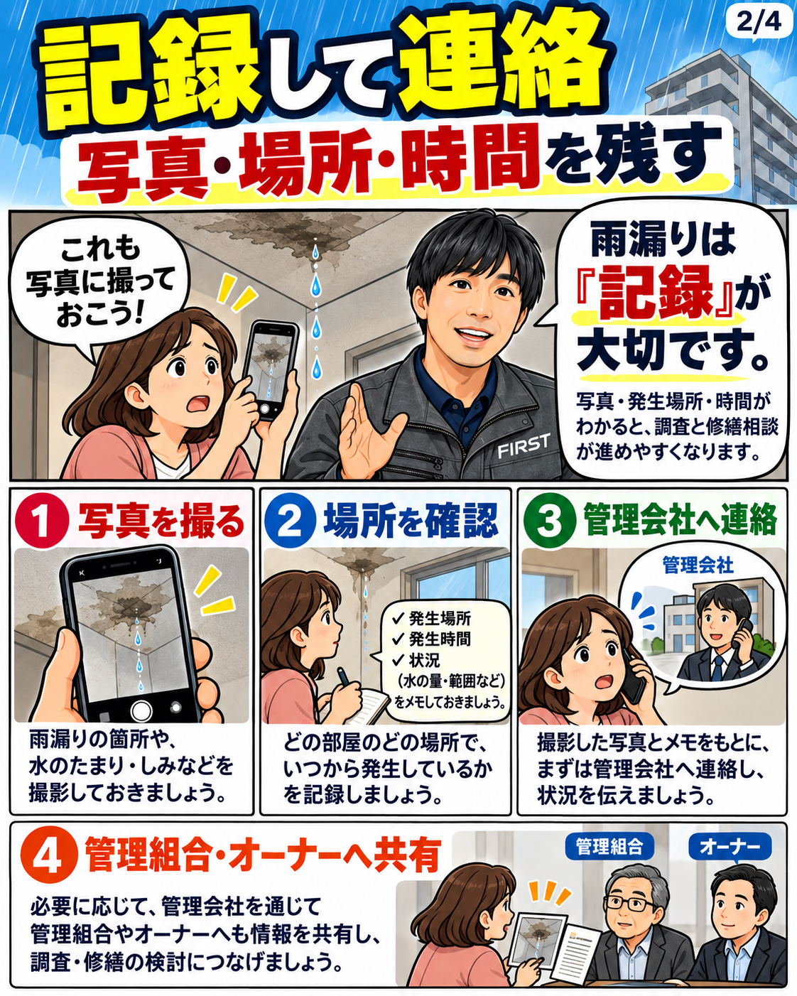 雨漏りの写真・発生場所・時刻を記録し、管理会社や管理組合、一棟オーナーへ報告する手順