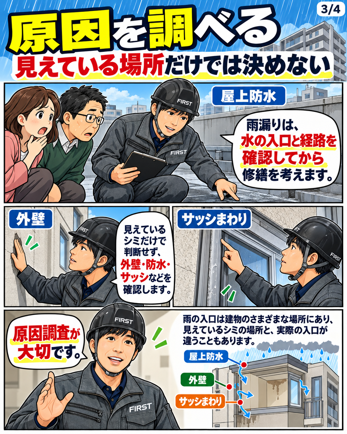 マンションの雨漏り原因は水染みの場所だけでは決められず、屋上防水・外壁・サッシ周辺などを調査する