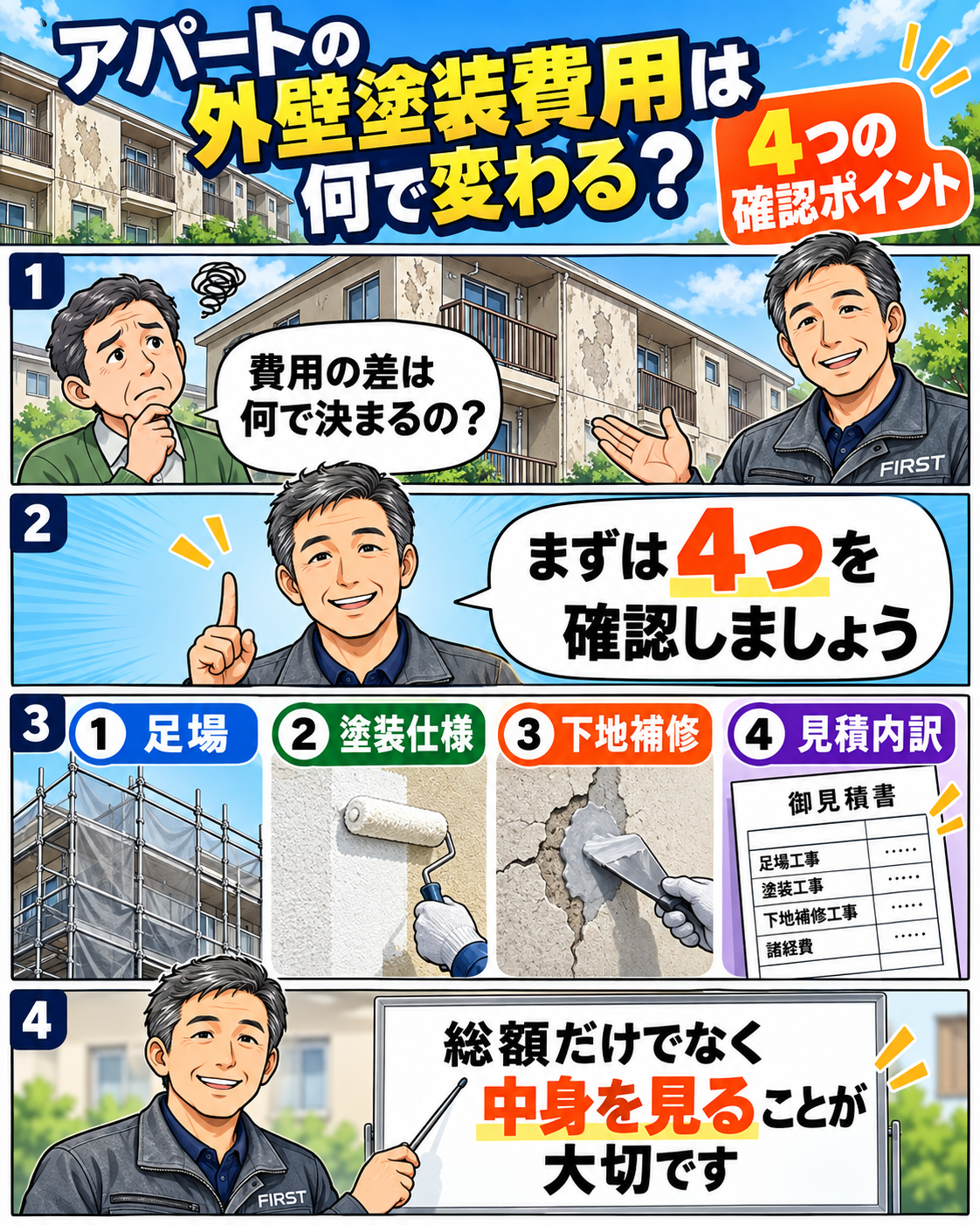 アパートの外壁塗装費用を左右する足場・塗装仕様・下地補修・見積内訳の4つのポイントを解説する漫画