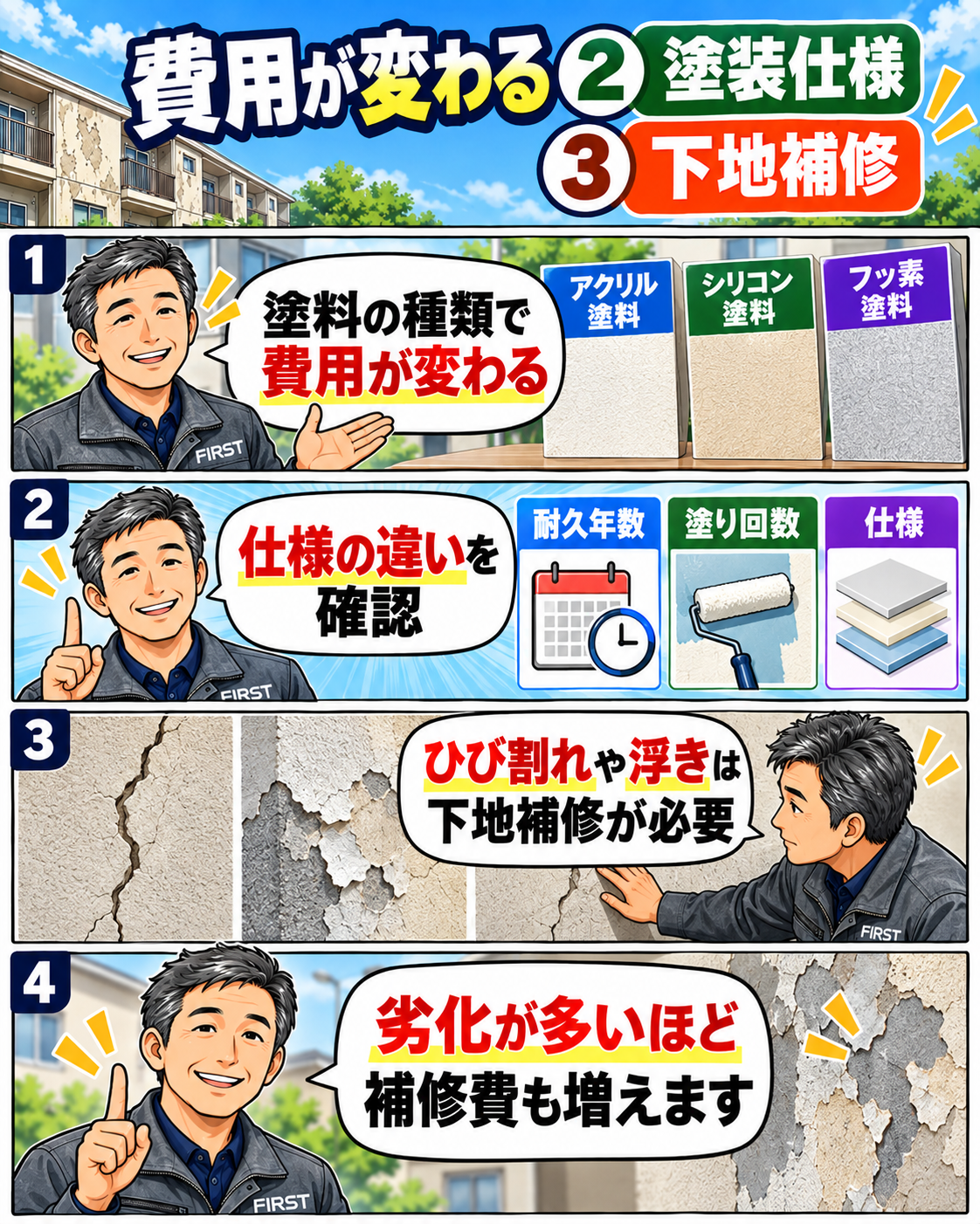 塗料の種類と塗り回数、ひび割れや浮きなどの下地補修量が外壁塗装費用に影響することを解説する漫画