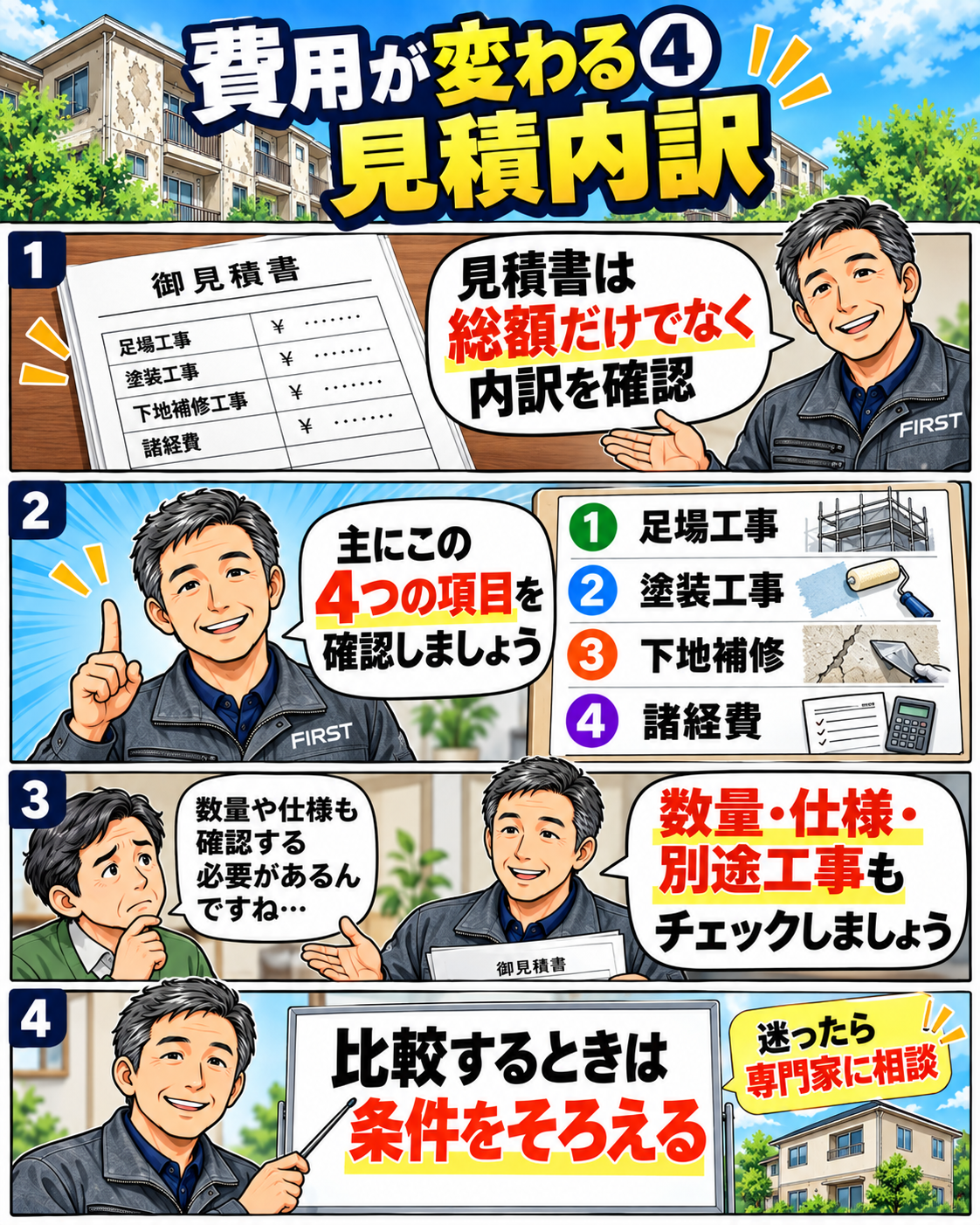 見積書は足場工事・塗装工事・下地補修・諸経費の内訳を確認し、数量や仕様、別途工事をそろえて比較する漫画