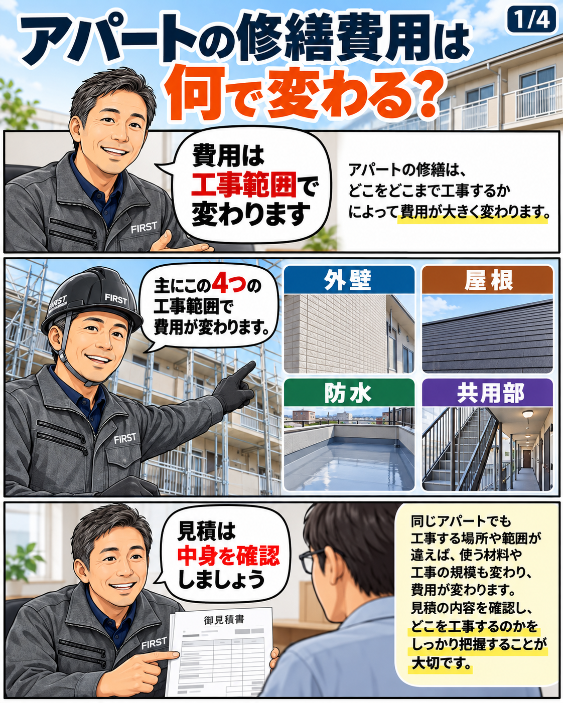 アパートの修繕費用は外壁・屋根・防水・共用部の工事範囲によって変わることを説明する漫画