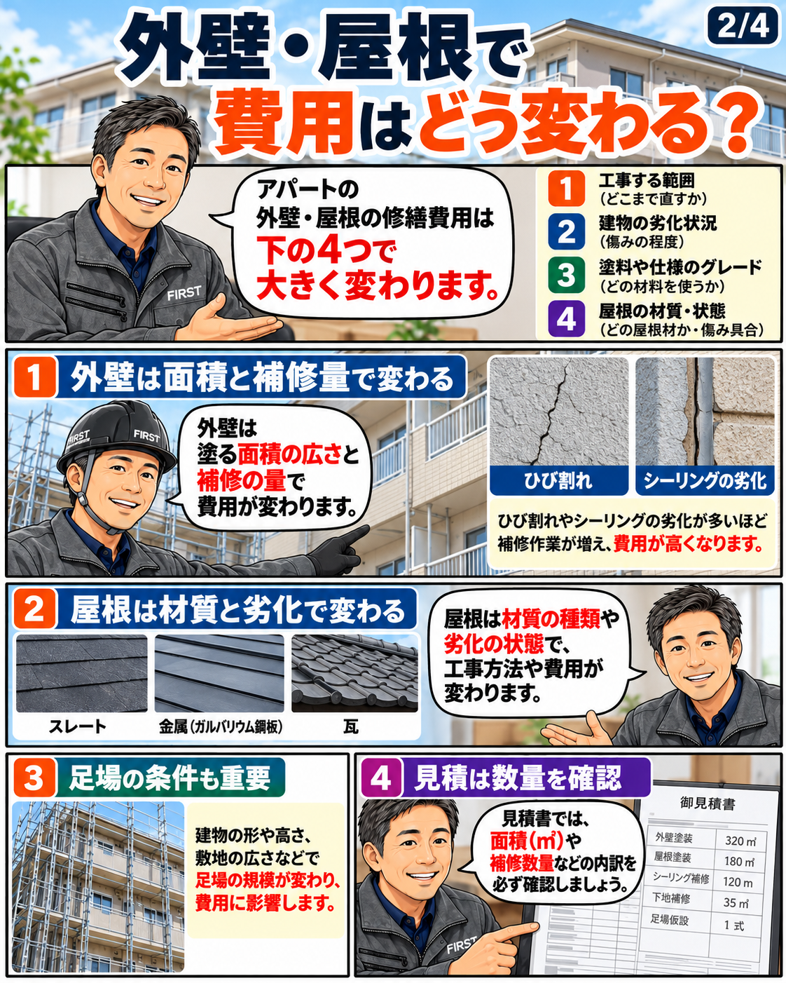 アパートの外壁と屋根の修繕費用は施工面積・劣化状況・材料・足場条件で変わることを説明する漫画