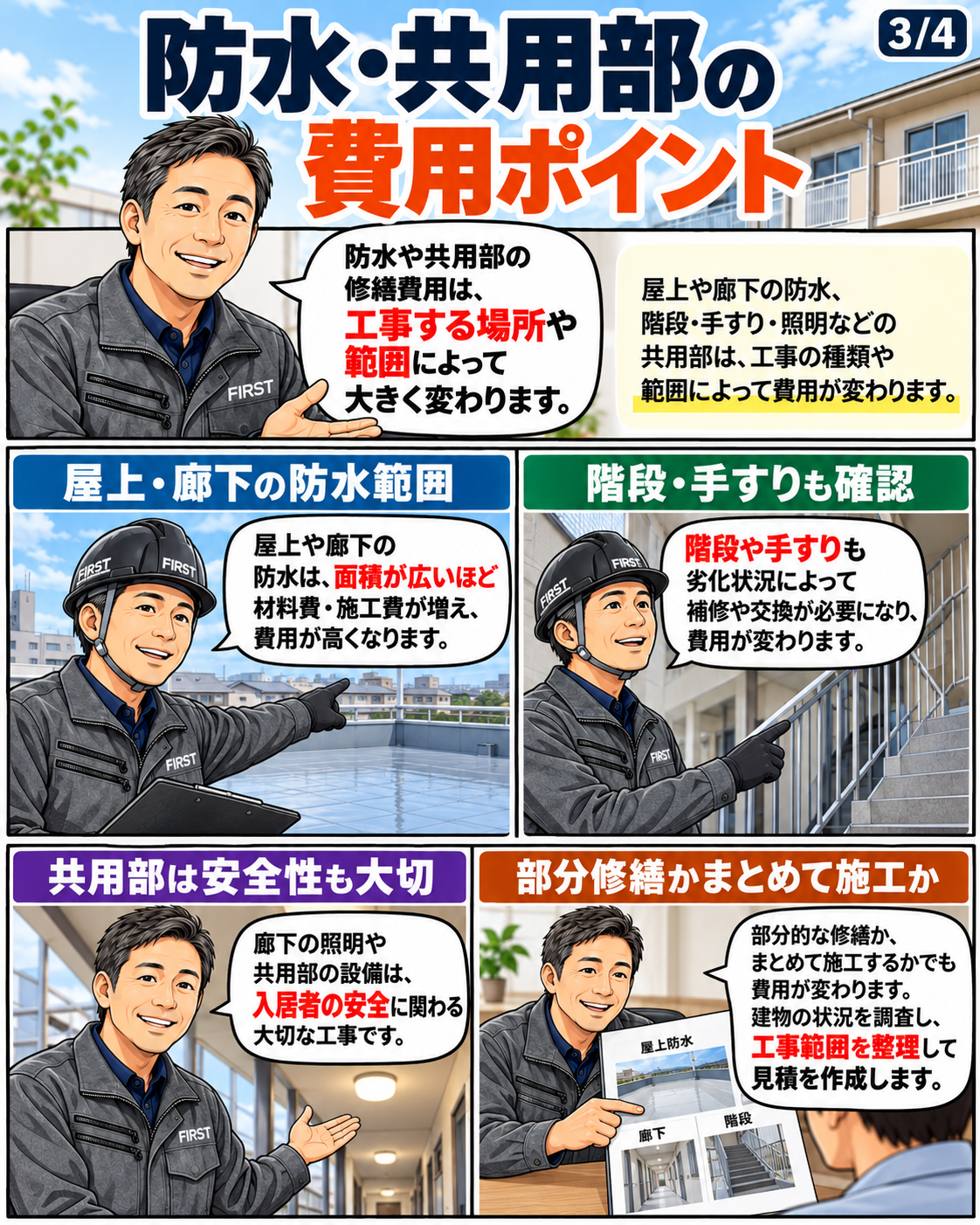 アパートの防水と共用部修繕では屋上・廊下・階段・手すり・照明などの対象範囲を確認する漫画