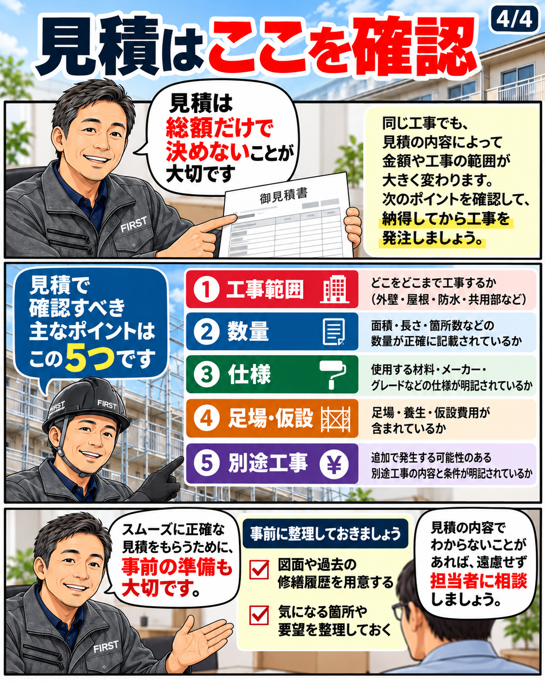 アパート修繕の見積で工事範囲・数量・仕様・足場・別途工事を確認する漫画