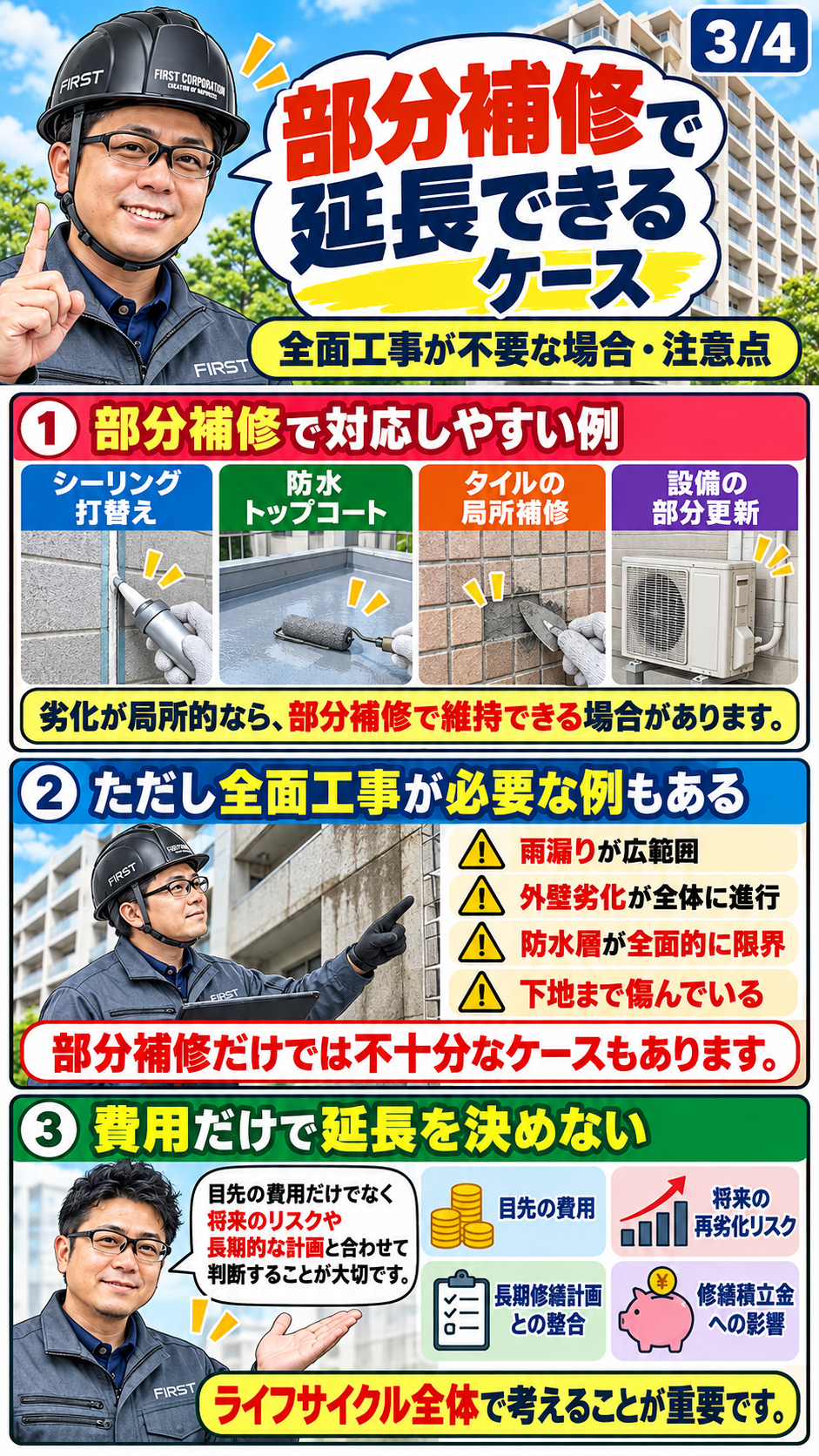 マンション大規模修繕の18年周期を検討する際の部分補修と全面工事の違い