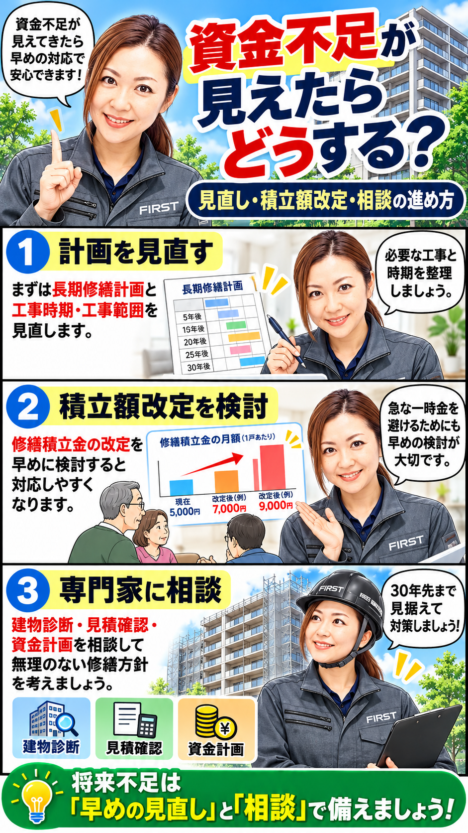 修繕積立金の将来不足が分かった場合に検討する積立額改定・工事計画・資金調達
