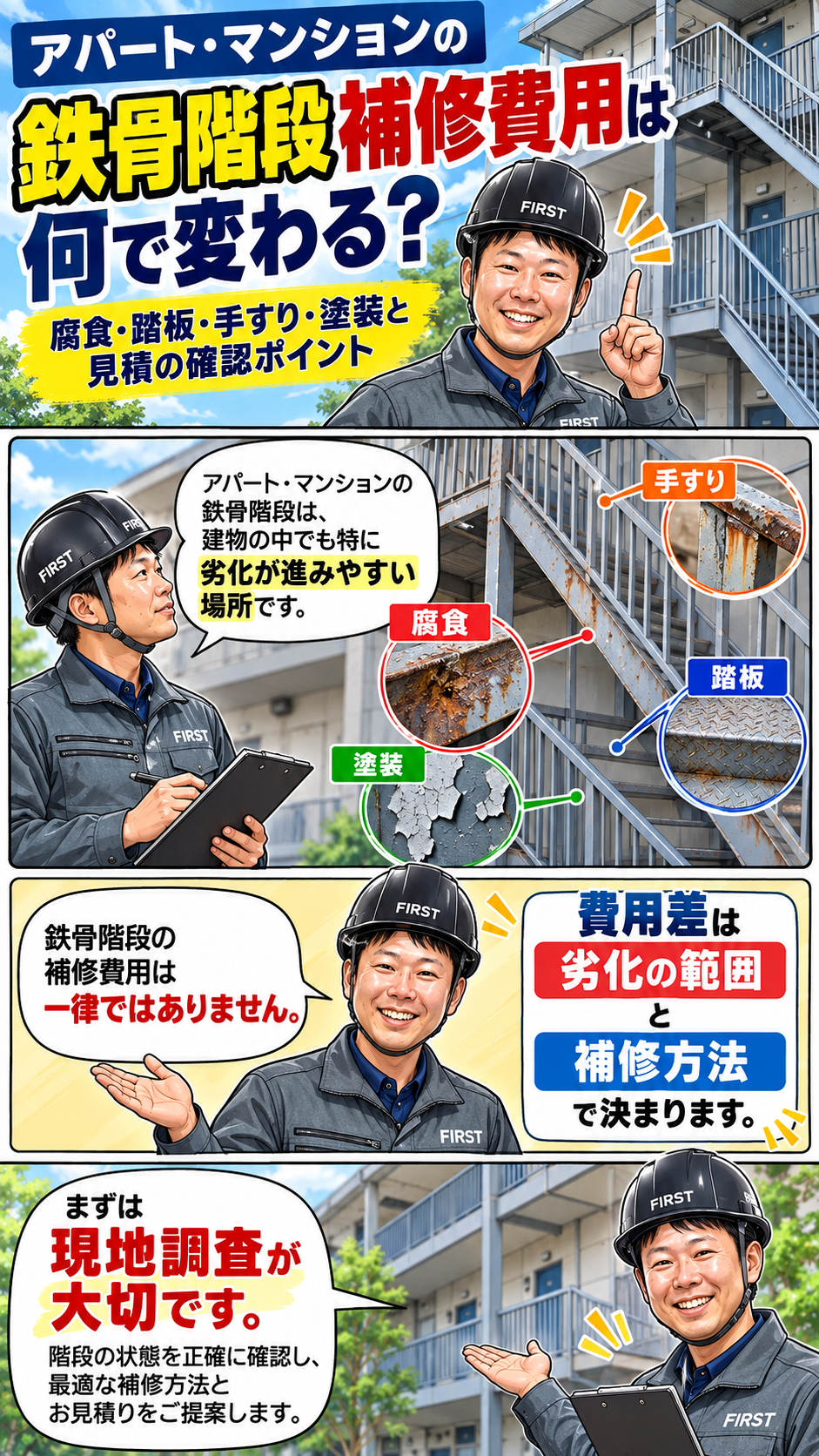 アパート・マンションの鉄骨階段補修費用が腐食・部材交換・塗装・足場条件で変わる理由