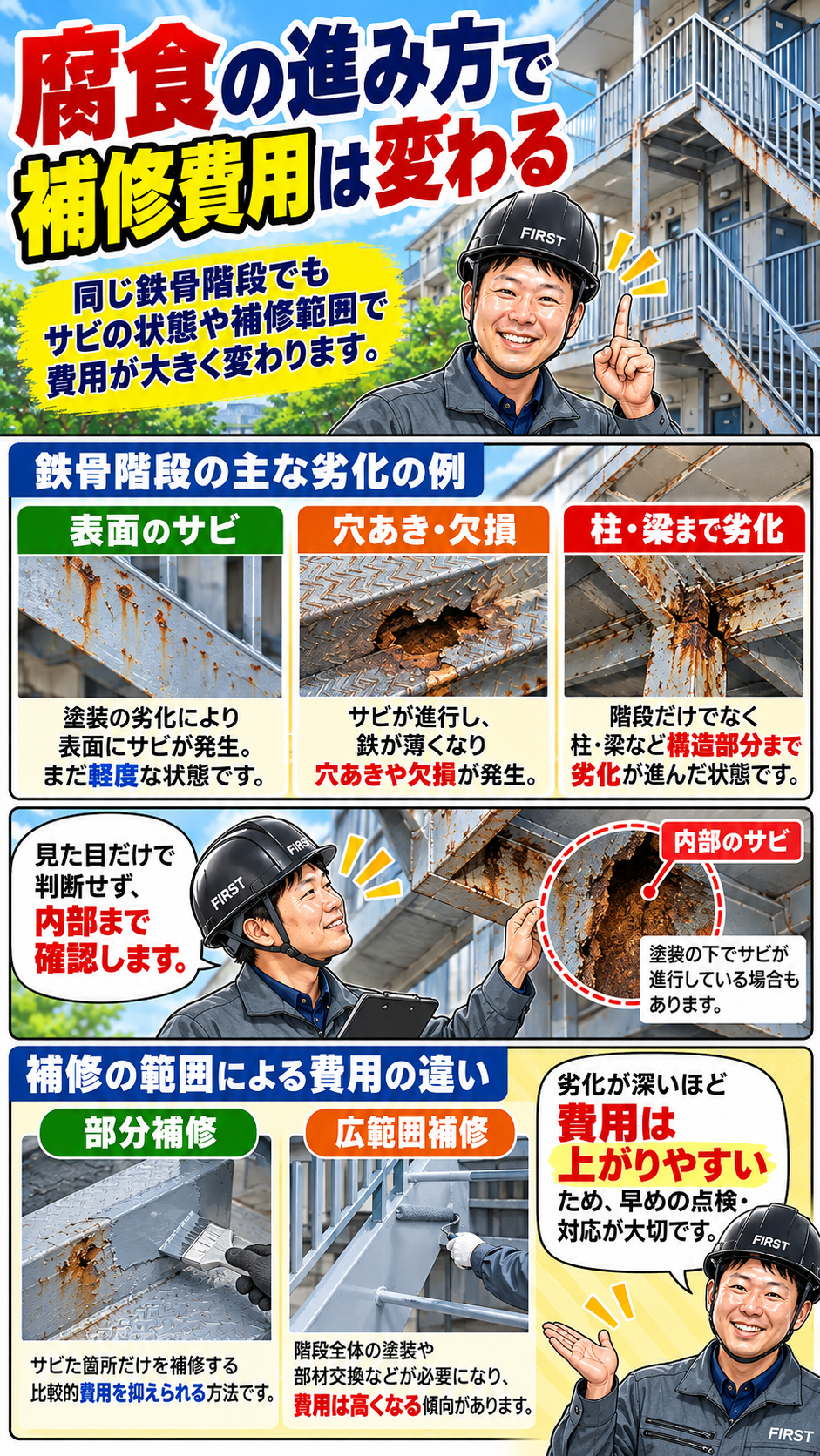 鉄骨階段の表面サビ・腐食・穴あきなどの進行度と補修工事の判断