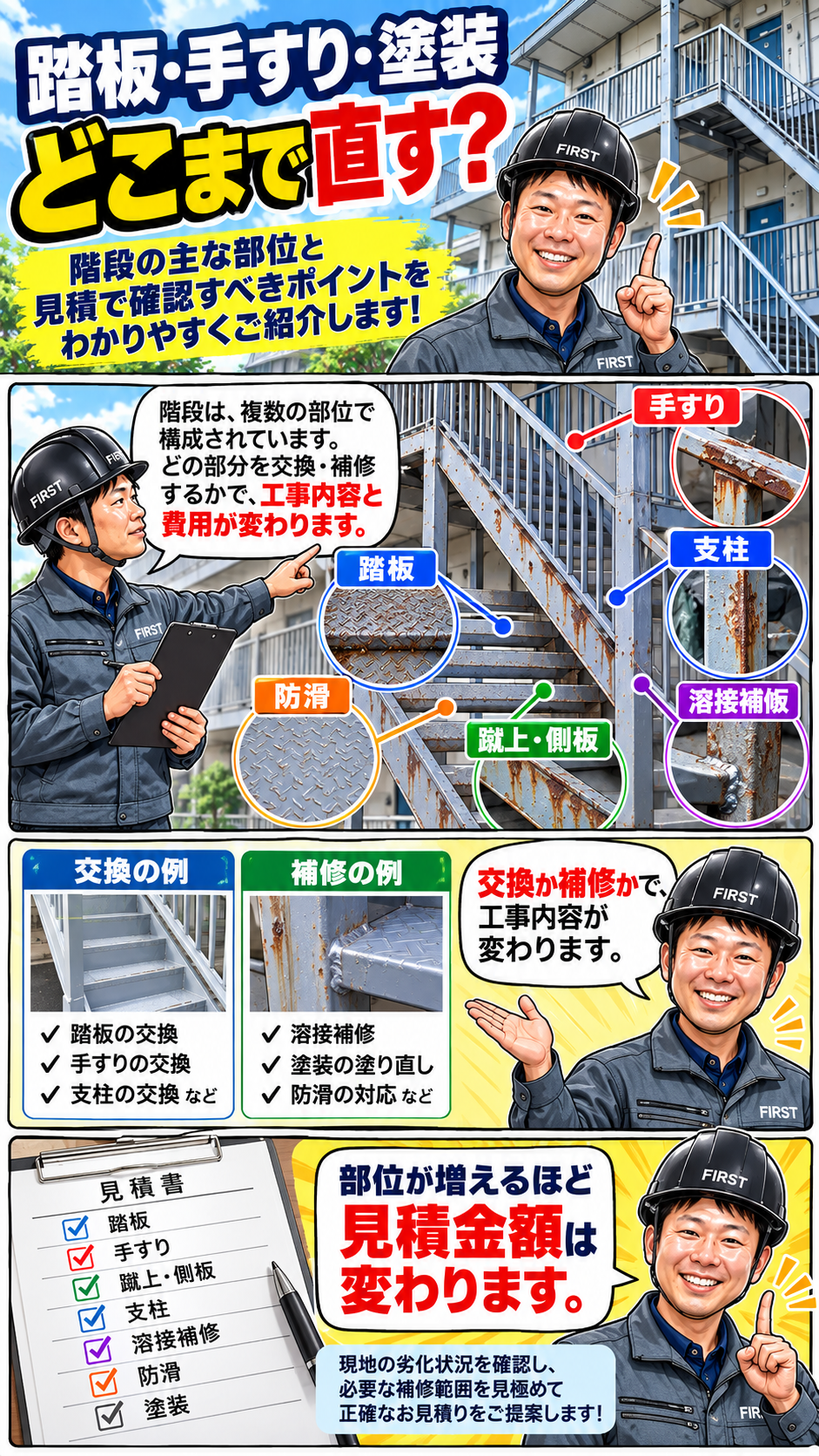 アパートの鉄骨階段における踏板・手すり・支柱・塗装の補修範囲