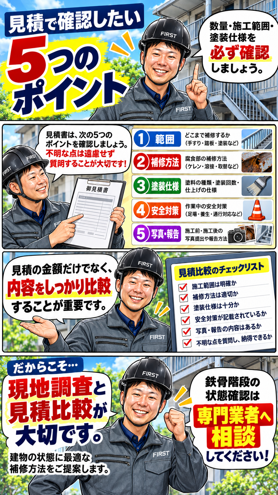 鉄骨階段補修の見積書で確認したい補修範囲・数量・塗装仕様・仮設費・安全対策