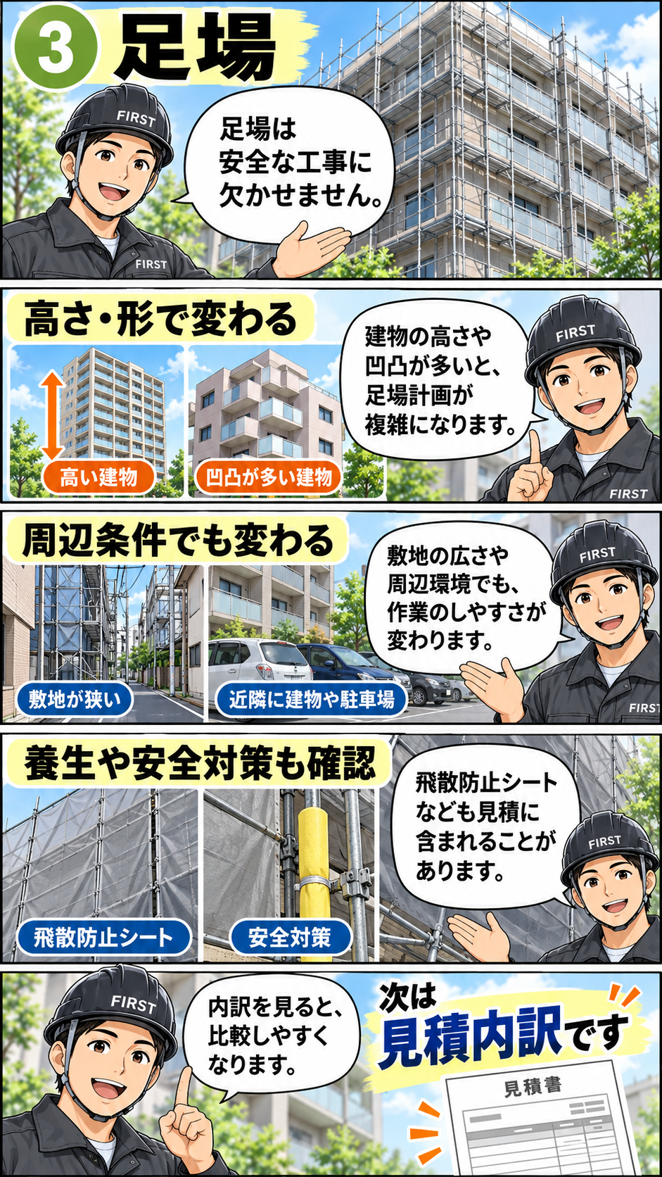 マンション外壁塗装の足場費用が建物形状や敷地条件で変わる理由を解説する漫画