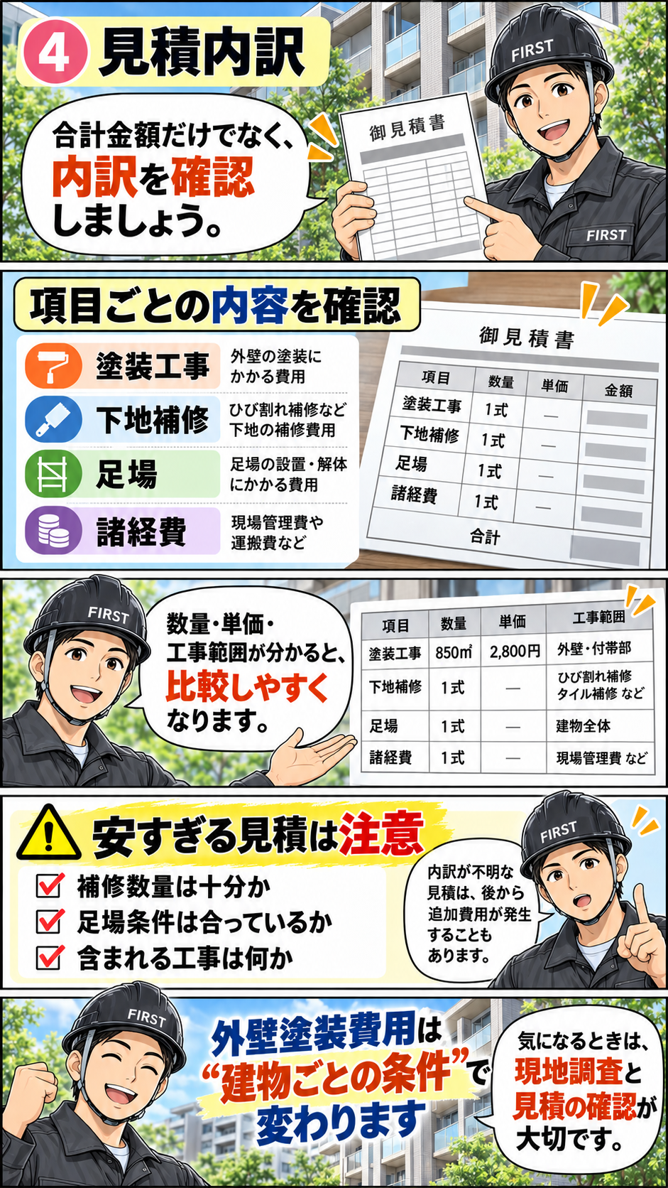 マンション外壁塗装の見積内訳と数量・単価の比較ポイントを解説する漫画