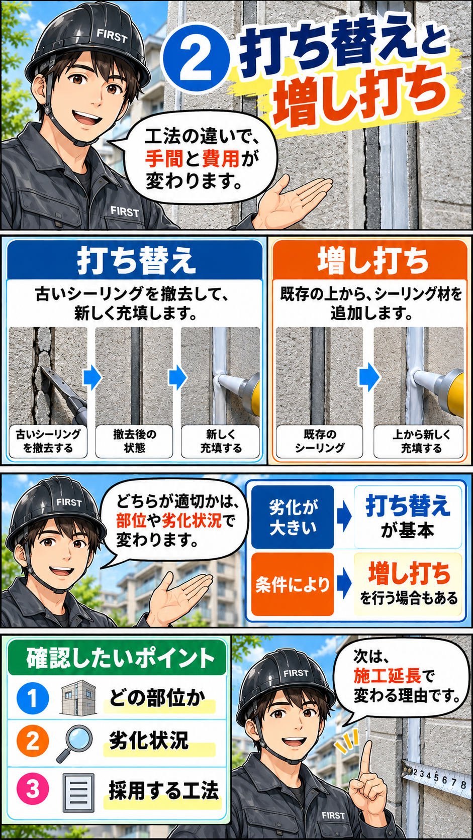 マンションのシーリング打ち替えと増し打ちの違いを解説する漫画