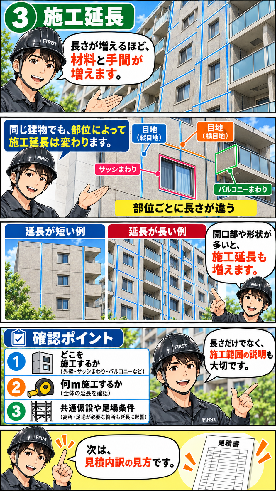 マンションのシーリング施工延長と見積数量の考え方を説明する漫画