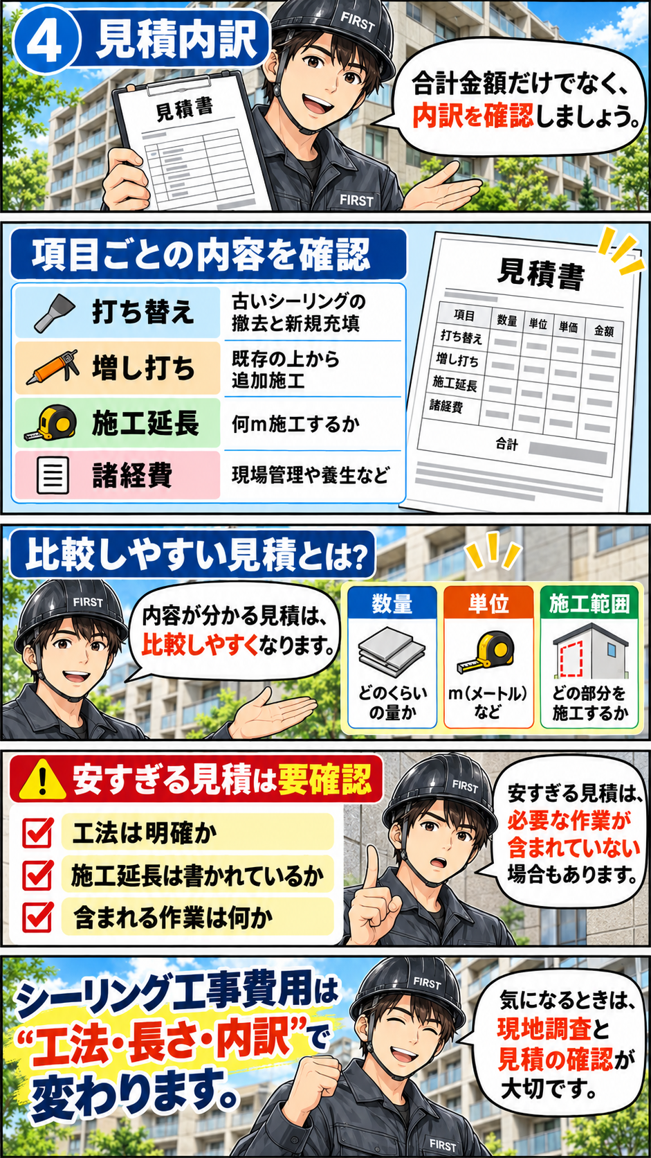 マンションのシーリング工事見積で確認したい工法・数量・内訳を説明する漫画