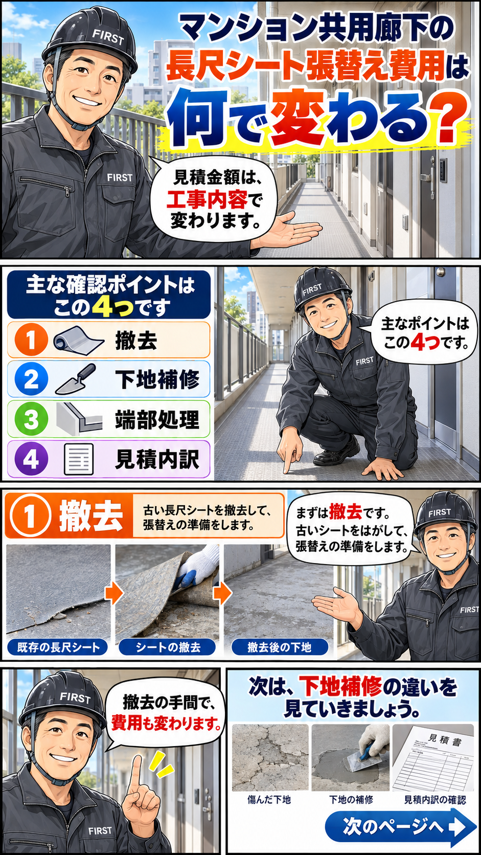 マンション共用廊下の長尺シート張替え費用が撤去・下地補修・端部処理・見積内訳で変わる理由を解説する漫画