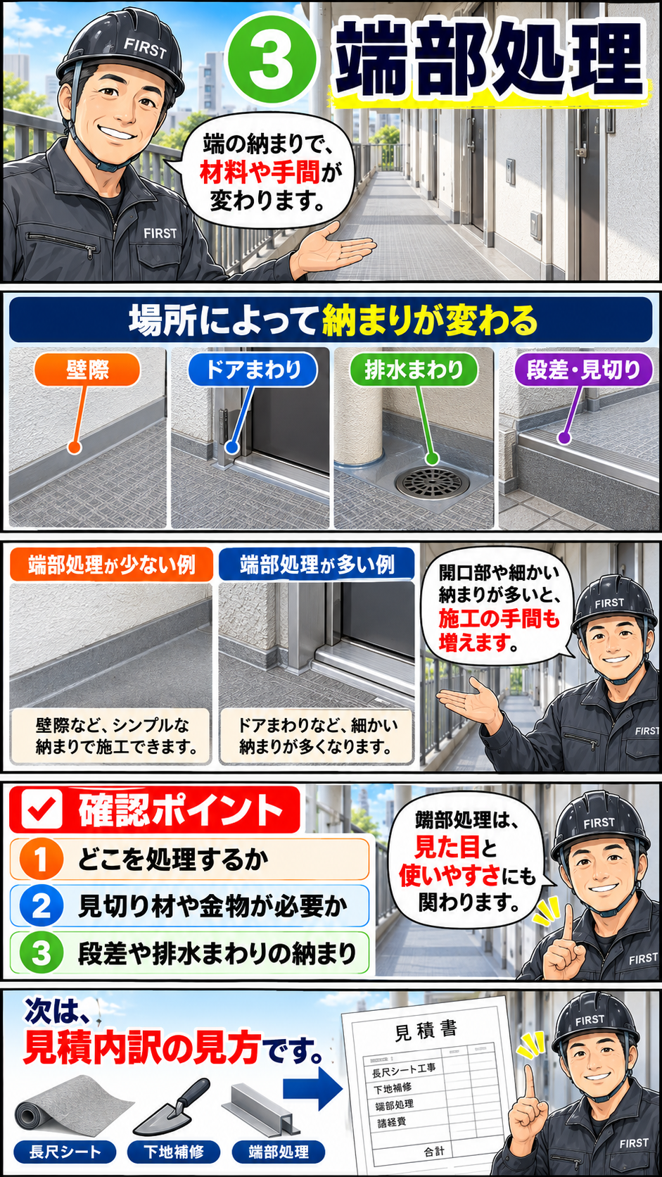 共用廊下の長尺シート張替えにおける壁際・ドアまわり・排水まわりの端部処理を説明する漫画