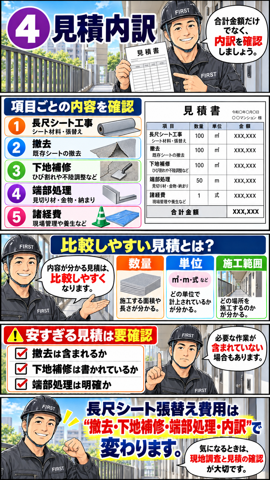 長尺シート張替え見積の床材工事・撤去・下地補修・端部処理・諸経費と数量の確認方法を解説する漫画