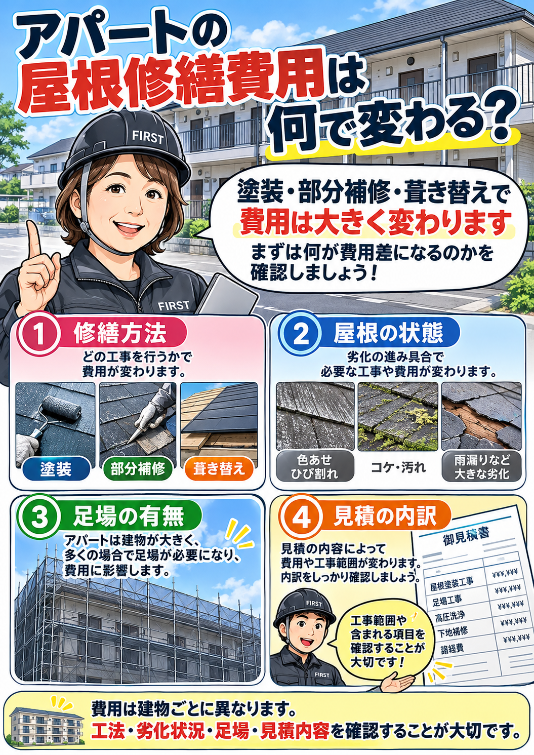 アパートの屋根修繕費用が工法・劣化状況・足場・見積内訳で変わる理由を解説する漫画