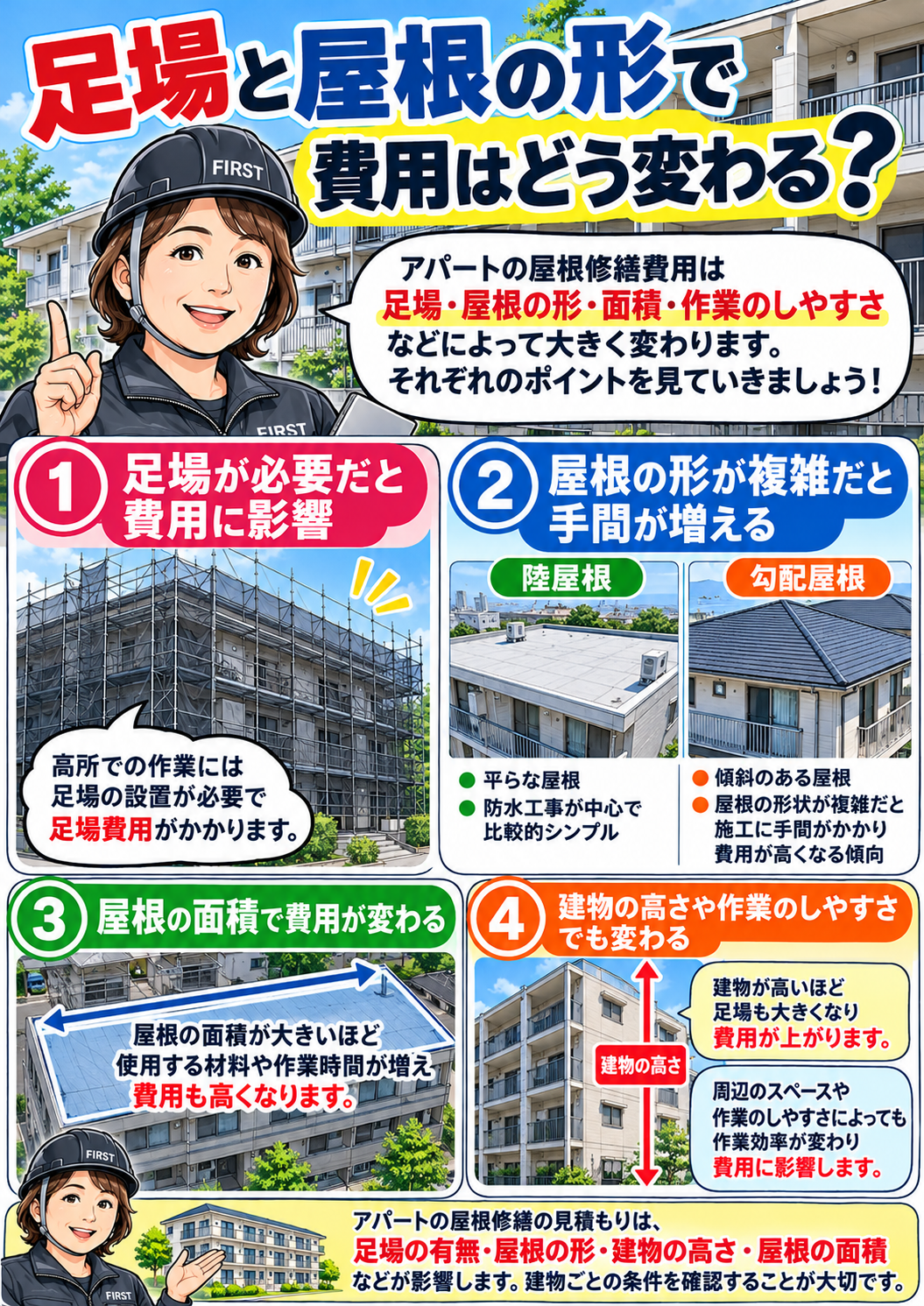 アパート屋根の塗装・部分補修・葺き替えによる修繕方法と費用の違いを説明する漫画
