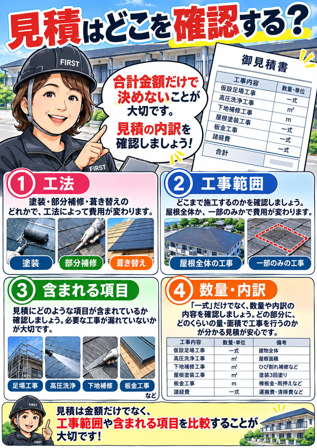 アパートの屋根修繕で建物高さ・勾配・屋根形状・足場条件によって費用が変わる理由を解説する漫画