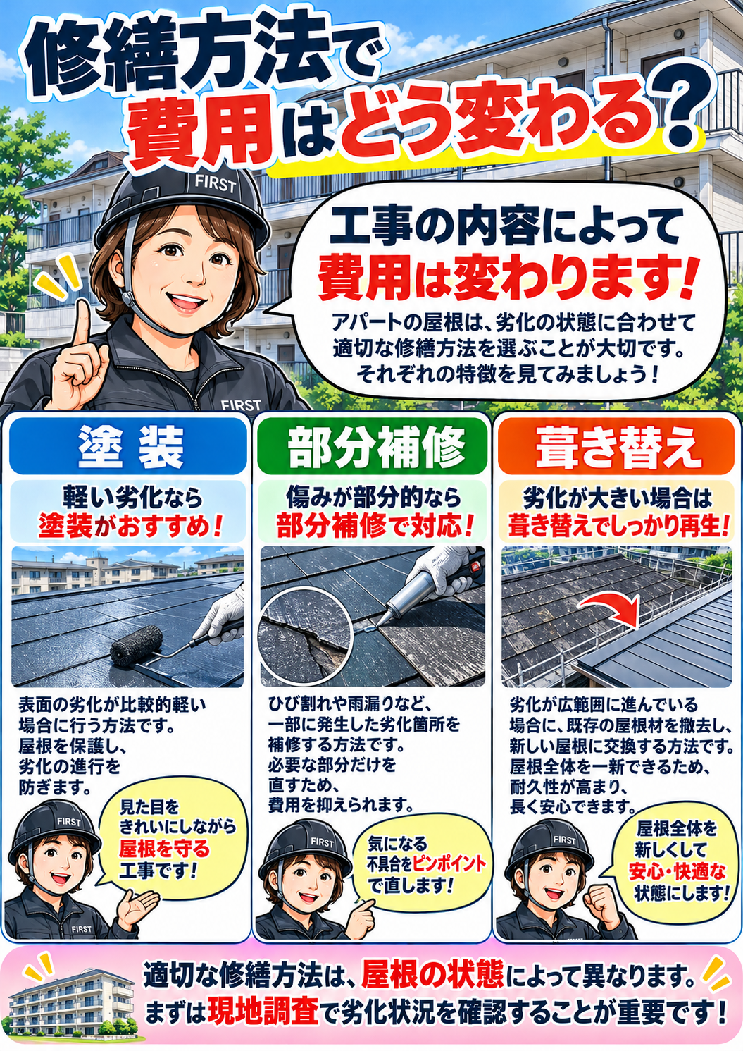 アパート屋根修繕の見積で工法・数量・足場・付帯工事・追加費用を確認するポイントを解説する漫画