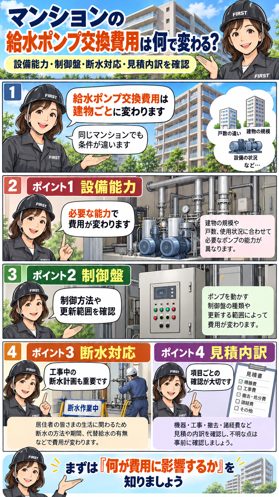 マンションの給水ポンプ交換費用が設備能力・制御盤・断水対応・見積内訳で変わる理由を説明する漫画