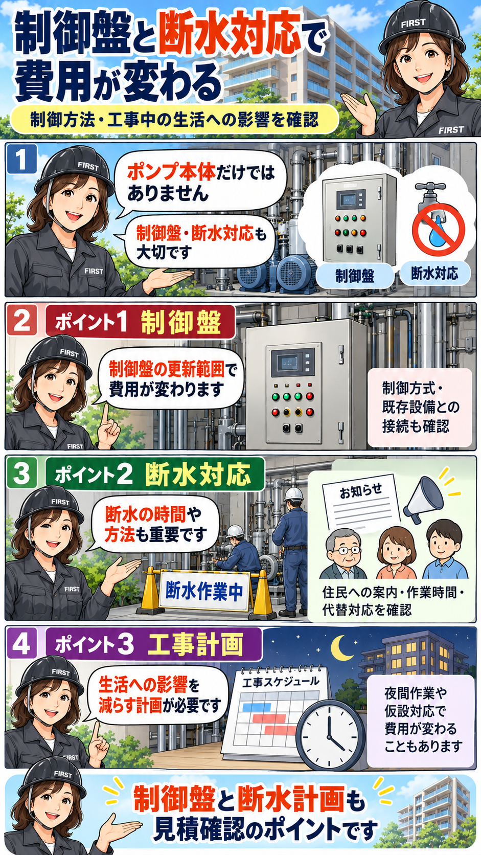 マンション給水ポンプ交換で制御盤更新・断水時間・居住者対応によって費用が変わる理由を解説する漫画