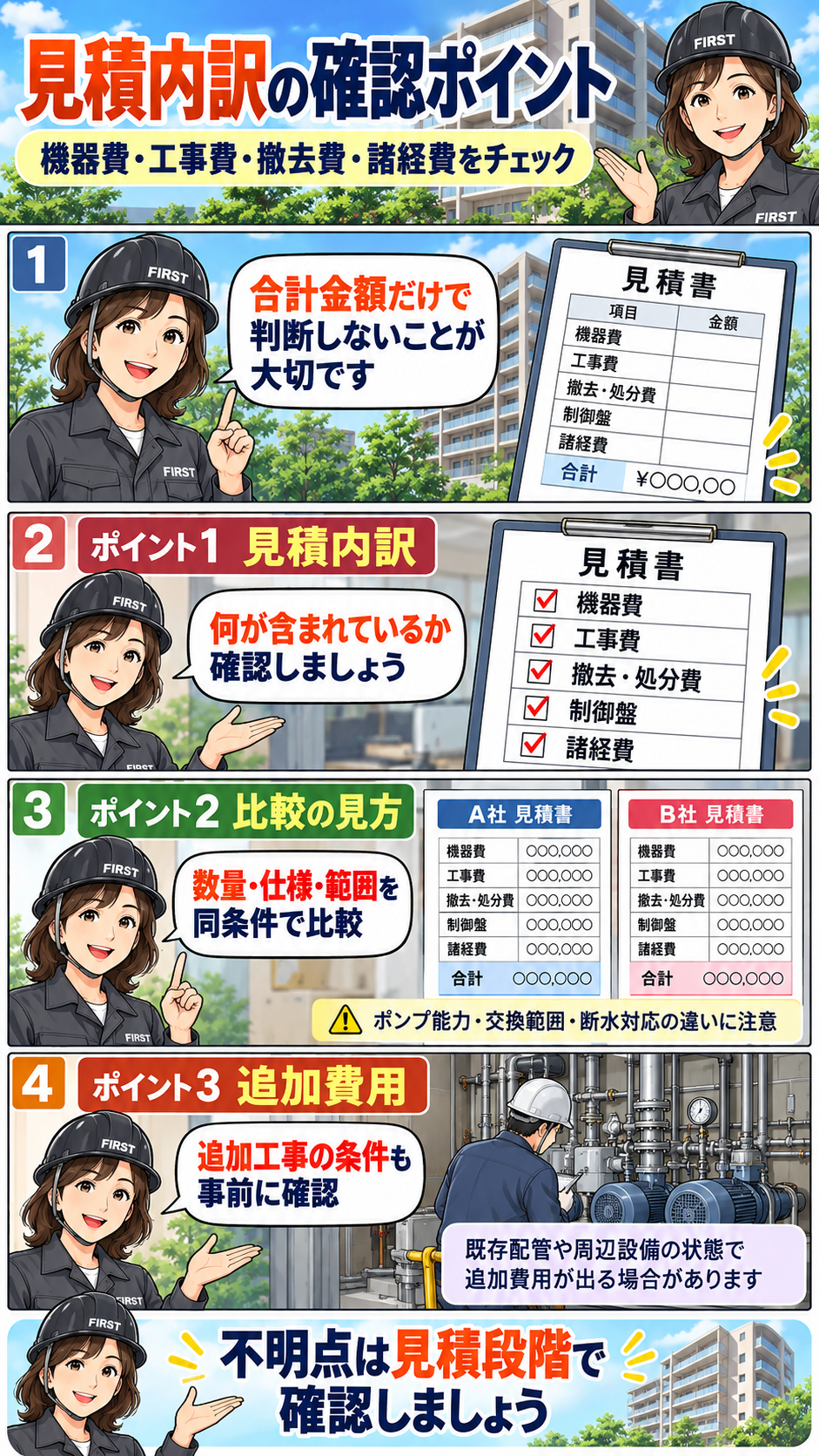 マンション給水ポンプ交換の見積内訳で機器費・施工費・撤去費・制御盤・諸経費・追加費用を確認する漫画