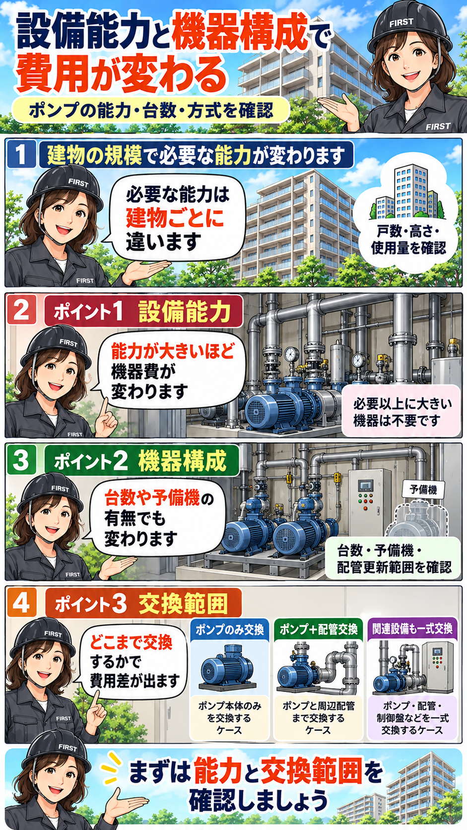 マンション給水ポンプの設備能力・台数・予備機・更新範囲によって交換費用が変わることを説明する漫画