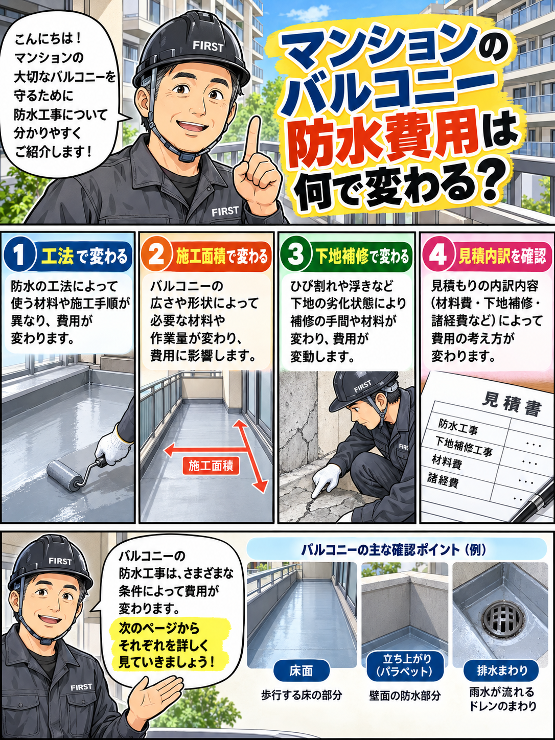 マンションのバルコニー防水費用が工法・施工面積・下地補修・見積内訳で変わる理由を解説する漫画