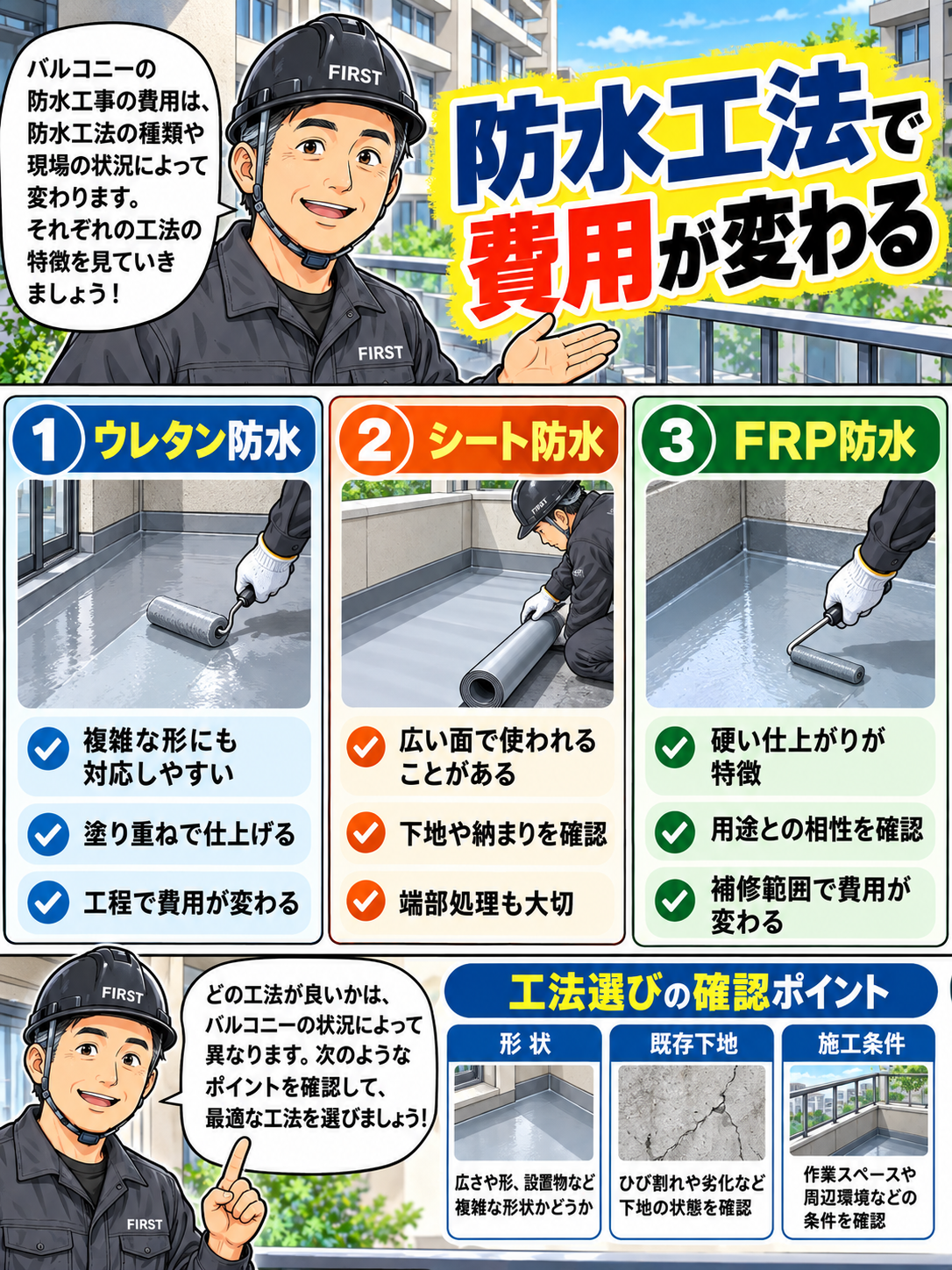 ウレタン防水・シート防水・FRP防水の特徴と費用差を比較する漫画