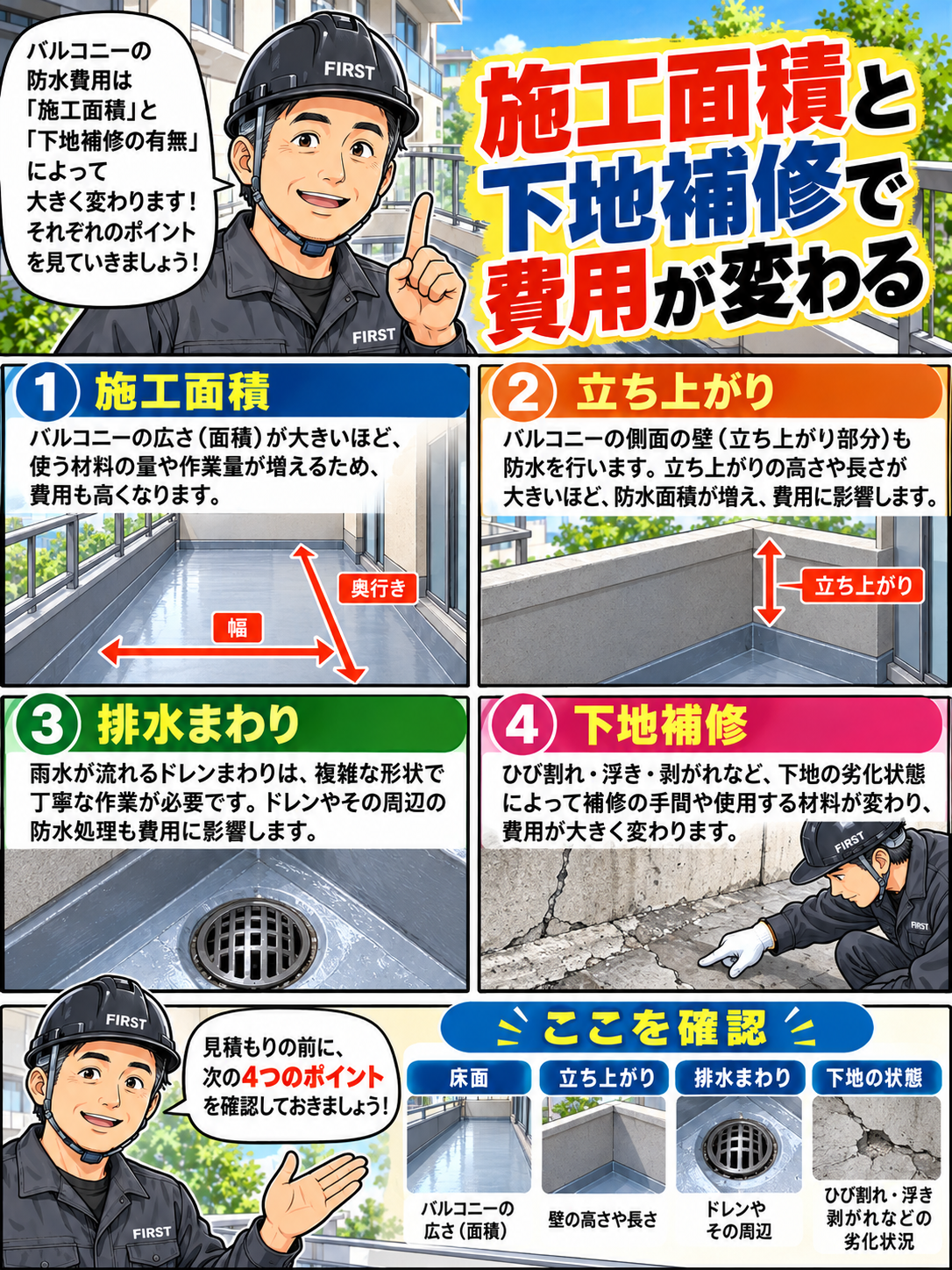 バルコニー防水の施工面積・立上り・排水口まわり・下地補修によって費用が変わることを解説する漫画