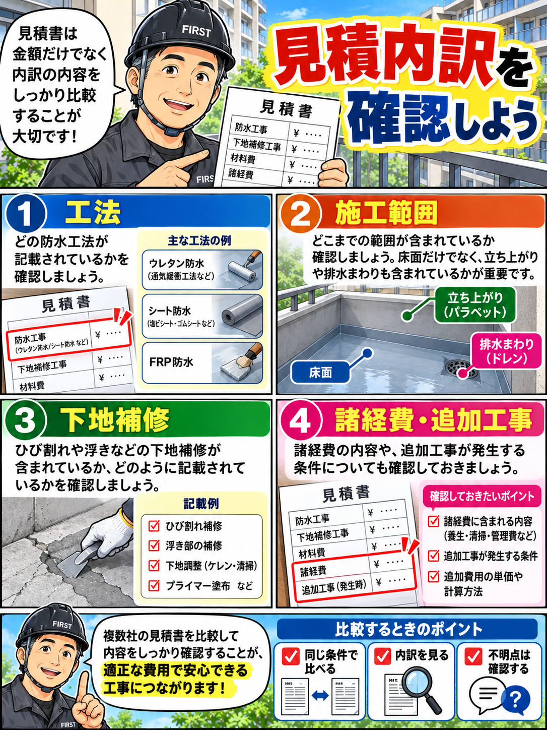 バルコニー防水工事の見積内訳で工法・施工面積・下地補修・立上り・排水口・諸経費を確認する漫画