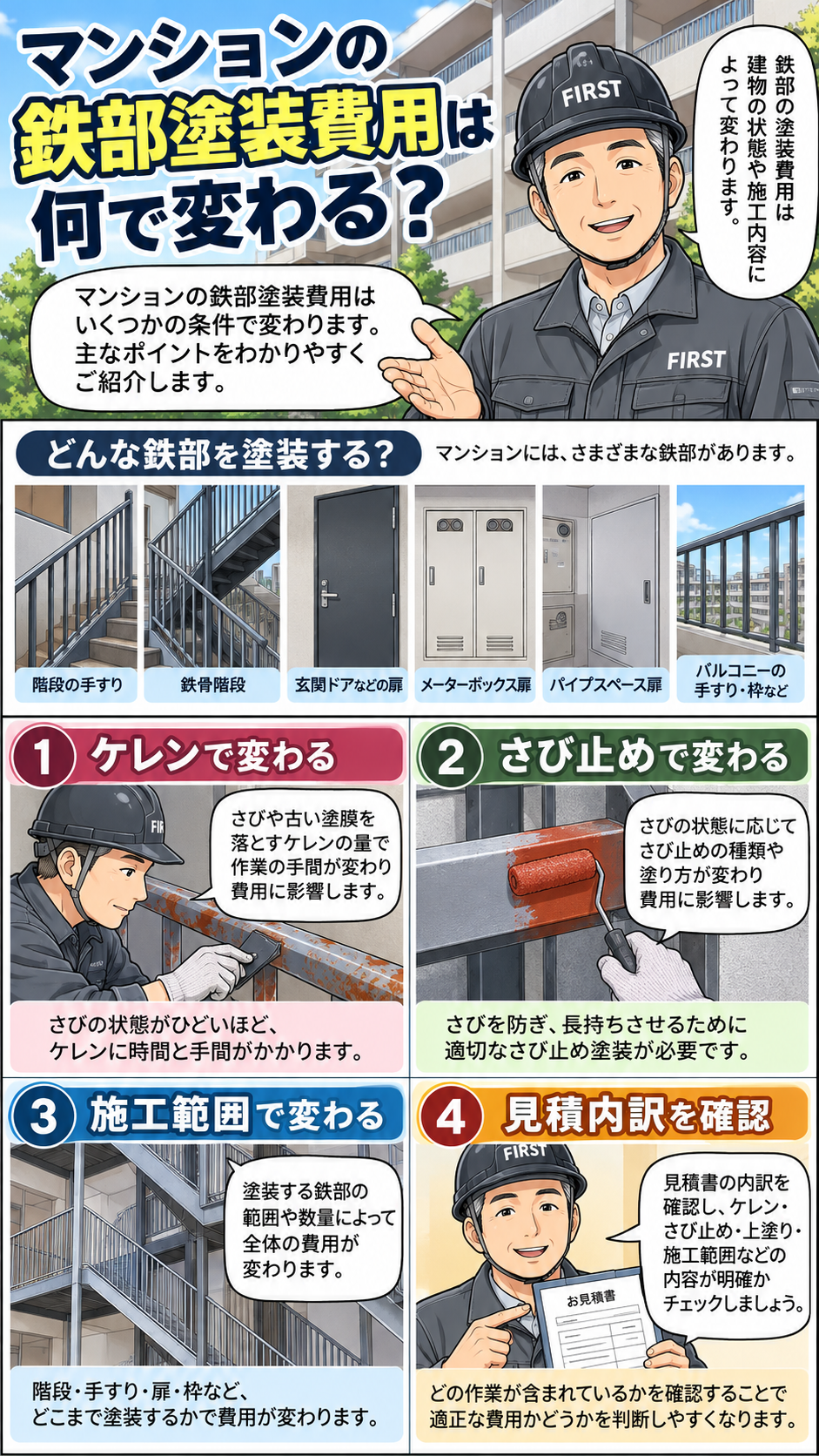 マンションの鉄部塗装費用がケレン・さび止め・施工範囲・見積内訳で変わることを解説する漫画