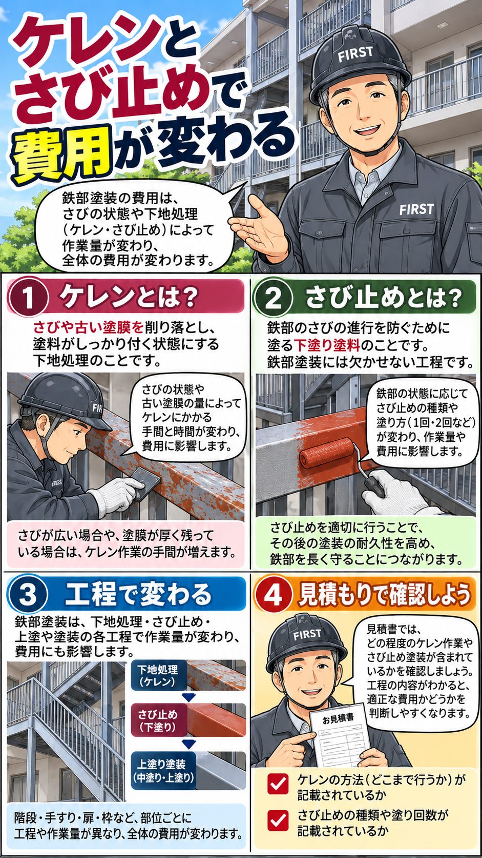 鉄部塗装のケレン・さび止め・塗装工程と費用が変わる理由を解説する漫画