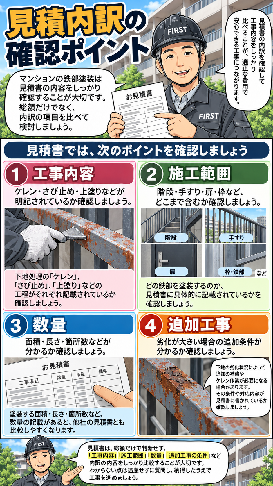 マンション鉄部塗装の見積でケレン・さび止め・上塗り・数量・追加工事条件を確認するポイントを解説する漫画