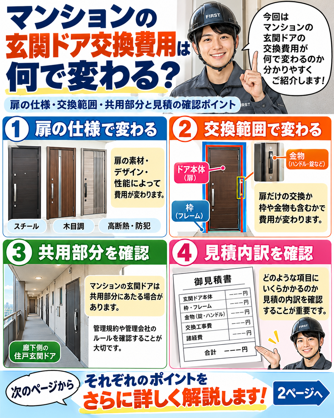 マンション玄関ドア交換費用が扉の仕様・交換範囲・共用部分の扱い・見積内訳で変わる理由を解説する漫画